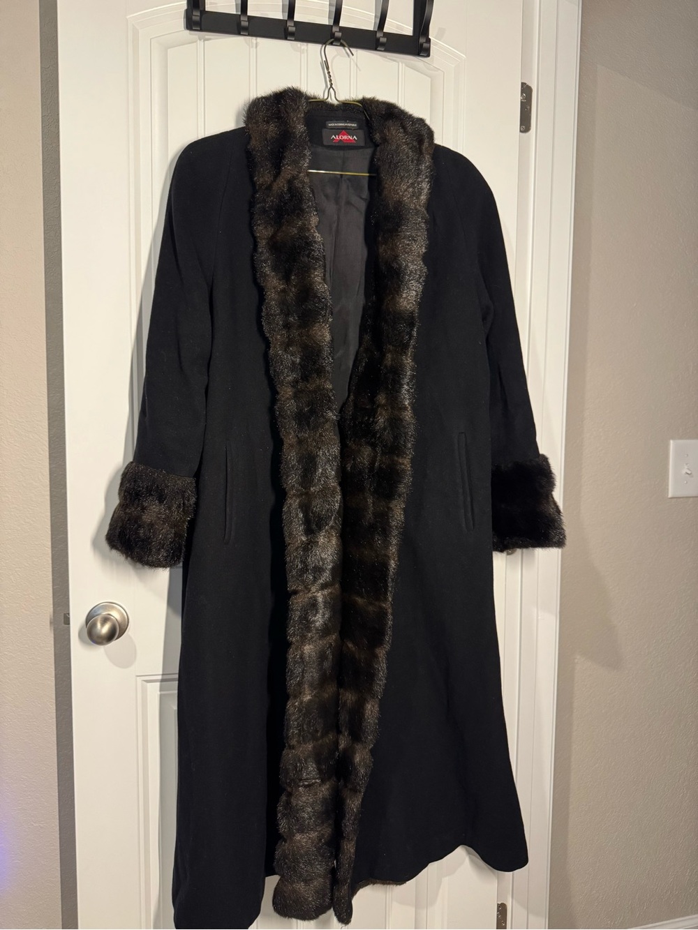Black Long Lambs Wool Trench Coat with Brown Faux Fur Trim, Penny Lane Style